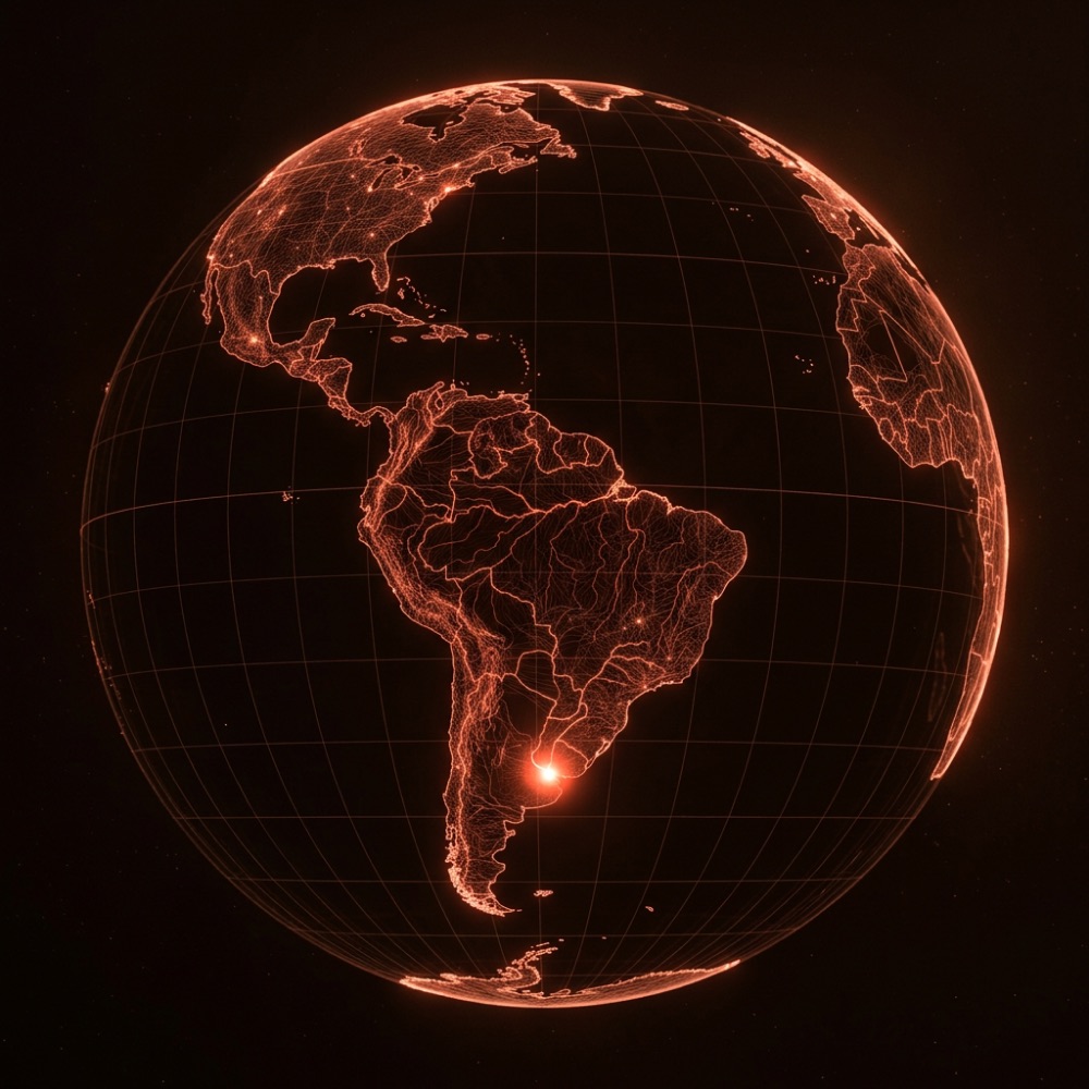 Wireframe globe with a glowing point on Buenos Aires