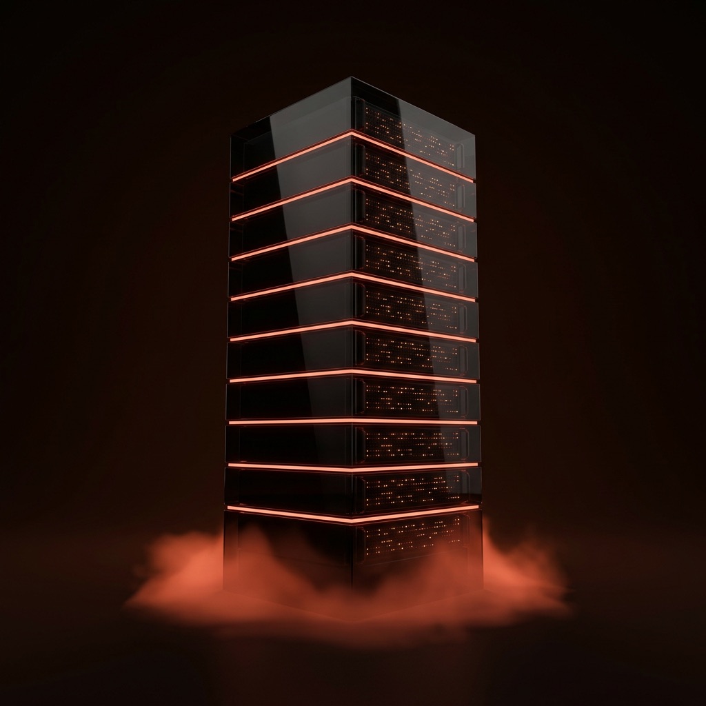 Stylised server rack of dark glass with glowing coral seams